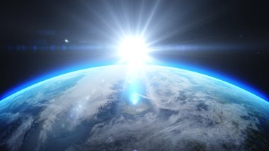 Uzaydan görünüşünü dünya üzerinde güneş doğuyor. Yıldızlar arka plan ile. 3D render