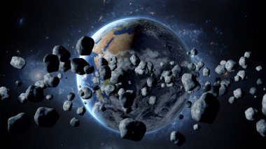 uçan asteroit, göktaşı Dünya'ya. Dış uzaya. Kıyamet günü. 3D render