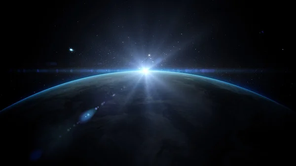 Východ slunce nad zemi, jak je vidět z vesmíru. S pozadím hvězd. 3D vykreslování — Stock fotografie