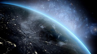 Uzaydan görünüşünü Dünya gezegeni. Yıldızlar arka plan ile. 3D render