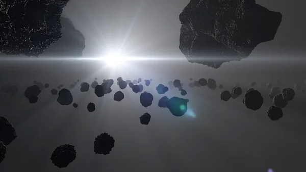 Uçan asteroit, göktaşı Dünya'ya. Dış uzaya. Kıyamet günü. 3D render — Stok fotoğraf