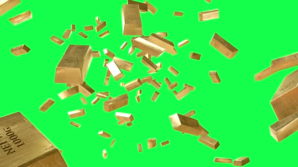 Las barras de oro están cayendo. animación realista. Imágenes de pantalla verde — Vídeos de Stock
