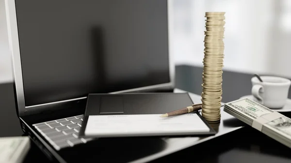 İş yerinde iş adamları. Laptop ve para. iş kavramı. 3D render — Stok fotoğraf