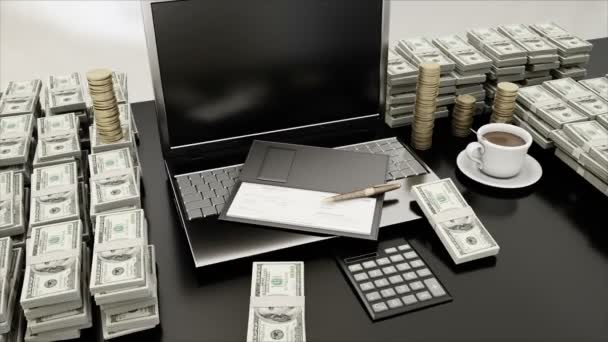 A munkahely, az üzletemberek. Laptop és a pénz nő. üzleti koncepció — Stock videók