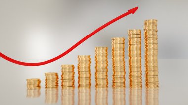 altın beyaz üzerine kırmızı ok içeren çubuk grafiği paraları. Büyümek, grafik, iş kavramı. 3D render.