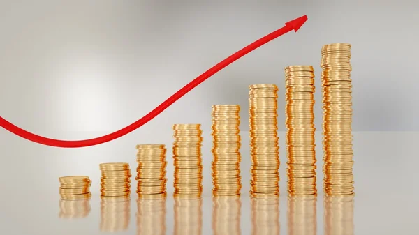 Gold coins bar graph with red arrow on white. Grow, chart, business concept. 3d rendering. — Stock Photo, Image