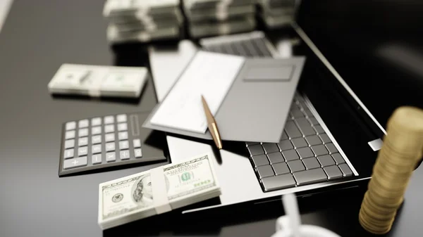 The workplace of business people. Laptop and money. business concept. 3D rendering. — Stock Photo, Image