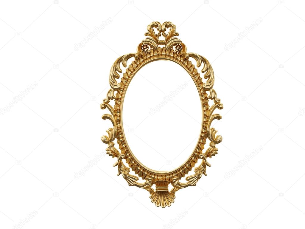 Golden vintage frame, mirror. Design retro element. physical realistic reflection . 3d rendering.