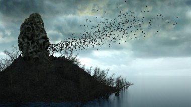 Korku Adası Okyanusu. Devilish kafatası çığlık. Cadılar Bayramı kavramı. Cehennem.