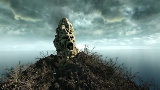 île d'horreur dans l'océan. crâne hurlant diabolique. Concept d'Halloween. troupeau de chauves-souris 
