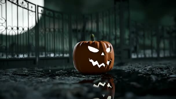 Halloween pumpa i en skrämmande kyrkogård. Hallowenn koncept. realistisk animation — Stockvideo