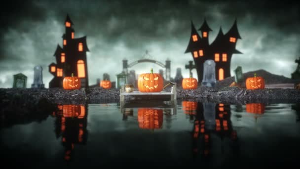 Calabaza de Halloween en un cementerio espeluznante. Noche de terror. Concepto de Hallowenn. animación realista — Vídeos de Stock