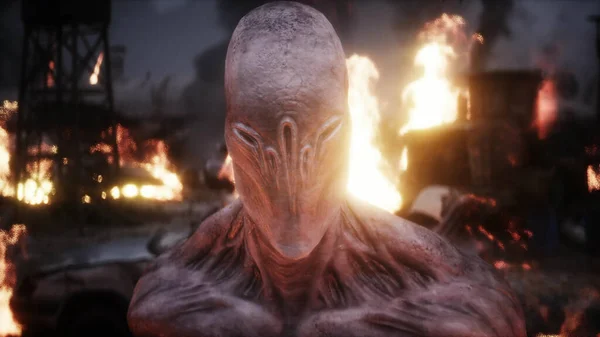 燃えさかるような大黙示録の街の怪物。ハルマゲドンの眺め。現実的な火災シミュレーション。3Dレンダリング — ストック写真