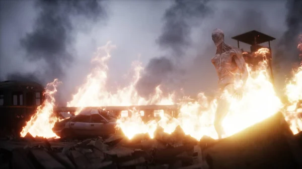 Alien, monstruo en una ciudad apocalíptica en ruinas en llamas. Vista del Armagedón. Simulación realista de fuego. renderizado 3d — Foto de Stock