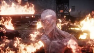 Yanan bir mahşer şehrindeki uzaylı, canavar. Mahşer günü görüntüsü. Gerçekçi ateş simülasyonu. Kıyamet sonrası 4K anülasyonu.