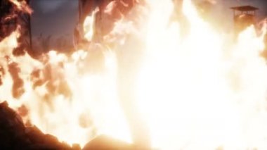 Yanan bir mahşer şehrindeki uzaylı, canavar. Mahşer günü görüntüsü. Gerçekçi ateş simülasyonu. Kıyamet sonrası 4K anülasyonu.