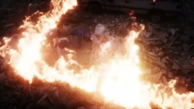 Yanan bir mahşer şehrindeki uzaylı, canavar. Mahşer günü görüntüsü. Gerçekçi ateş simülasyonu. Kıyamet sonrası 4K anülasyonu.