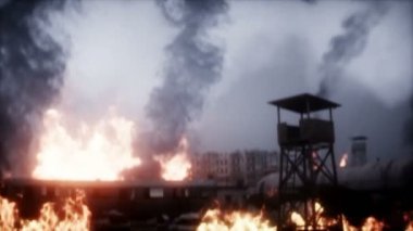 Yanan bir mahşer şehrindeki uzaylı, canavar. Mahşer günü görüntüsü. Gerçekçi ateş simülasyonu. Kıyamet sonrası 4K anülasyonu.