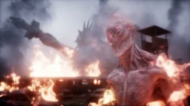 Yanan bir mahşer şehrindeki uzaylı, canavar. Mahşer günü Amerika görüşü. Gerçekçi ateş simülasyonu. Kıyamet sonrası 4K anülasyonu.