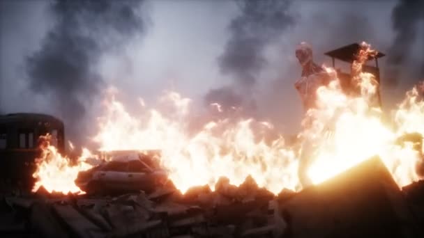 Alien, monstre dans une ville apocalyptique en feu. Vue sur Armageddon. Simulation réaliste du feu. Anumation post-apocalyptique 4k. — Video