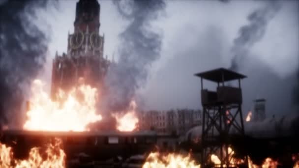Obcy, potwór w płonącym, zrujnowanym, apokaliptycznym mieście. Armagedon widok Moskwy. Realistyczna symulacja ognia. Postapokaliptyczna anumacja 4k. — Wideo stockowe