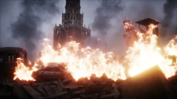 Extraterestru, monstru într-un oraş apocaliptic distrus în flăcări. Armageddon Moscova vedere. Simularea realistă a incendiilor. Anumire postapocaliptică 4k . — Videoclip de stoc