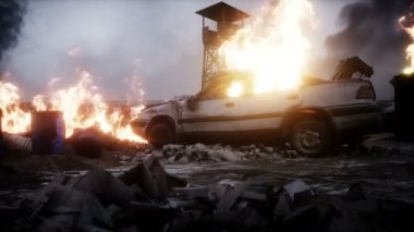 Mahvolmuş bir şehri yakmak. Mahşer günü görüntüsü. Gerçekçi ateş simülasyonu. Kıyametçi. 4K canlandırması.