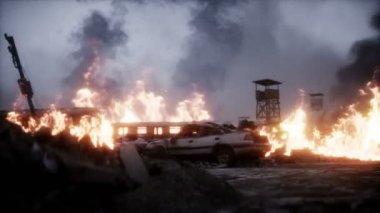 Mahvolmuş bir şehri yakmak. Mahşer günü görüntüsü. Gerçekçi ateş simülasyonu. Kıyametçi. 4K canlandırması.