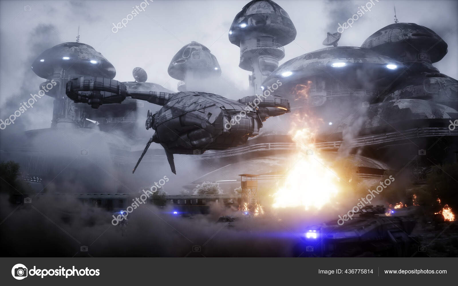 Futuristic sci fi ship take wing. Military robot. Apocalypse city. 3d rendering. Stock Photo by ©chagpg 436775814 Futuristic sci fi ship take wing. Military robot. Apocalypse city. 3d rendering. Stock Photo by ©chagpg 436775814