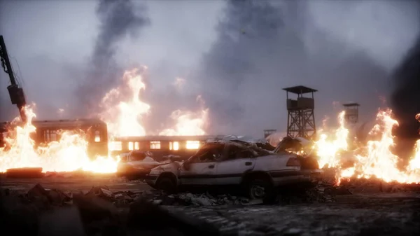 破壊された黙示録的な街を燃やした。ハルマゲドンの眺め。現実的な火災シミュレーション。終末論的。3Dレンダリング — ストック写真