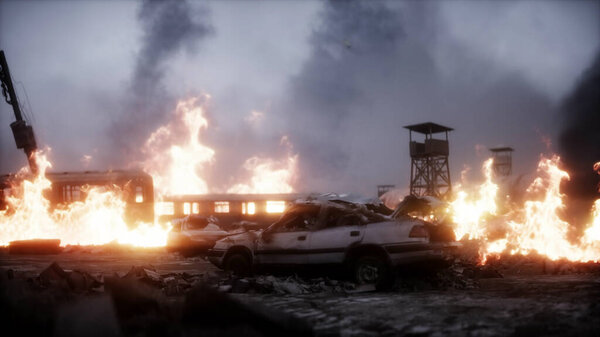 burning ruined apocalyptic city. Armageddon view. Realistic fire simulation. Postapocalyptic. 3d rendering