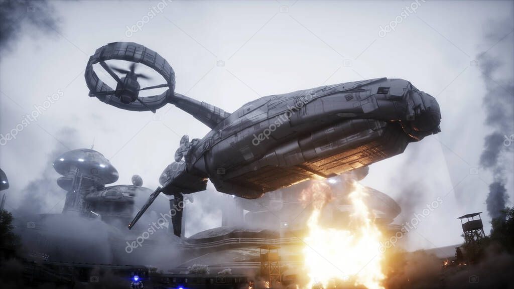 Futuristic sci fi ship take wing. Military robot. Apocalypse city. 3d rendering.