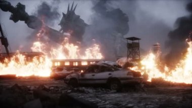 Amerika 'nın kıyameti. Mahvolmuş bir şehri yakmak. Mahşer günü görüntüsü. Gerçekçi ateş simülasyonu. 4K canlandırması.
