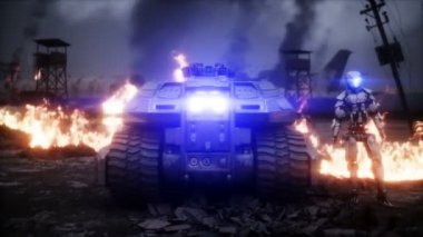 Mahvolmuş bir kıyamet şehrinde askeri bir araba. Mahşer günü görüntüsü. Gerçekçi ateş simülasyonu. Kıyameti Sonrası.