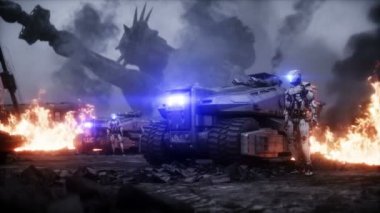 Amerikan kıyameti var. Yanan bir şehirde askeri araba. Mahşer günü görüntüsü. Gerçekçi ateş simülasyonu. Kıyameti Sonrası.