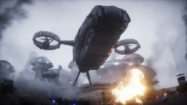 Fütürist bilim kurgu gemisi kanatlandı. Askeri robot. Apocalypse Şehri. Gerçekçi toz animasyonu.
