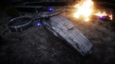 Fütürist bilim kurgu gemisi kanatlandı. Askeri robot. Apocalypse Şehri. Gerçekçi toz animasyonu.
