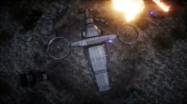 Fütürist bilim kurgu gemisi kanatlandı. Askeri robot. Apocalypse Şehri. Gerçekçi toz animasyonu.