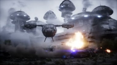 Fütürist bilim kurgu gemisi kanatlandı. Askeri robot. Apocalypse Şehri. Gerçekçi toz animasyonu.