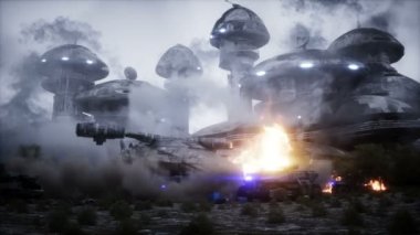 Fütürist bilim kurgu gemisi kanatlandı. Askeri robot. Apocalypse Şehri. Gerçekçi toz animasyonu.