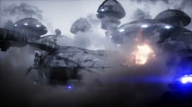 Fütürist bilim kurgu gemisi kanatlandı. Askeri robot. Apocalypse Şehri. Gerçekçi toz animasyonu.