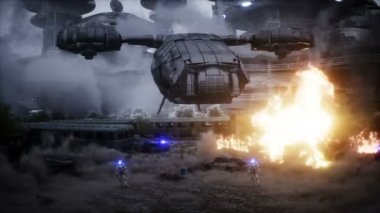 Fütürist bilim kurgu gemisi kanatlandı. Askeri robot. Apocalypse Şehri. Gerçekçi toz animasyonu.