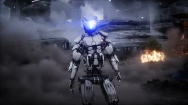 Fütürist bilim kurgu gemisi kanatlandı. Askeri robot. Apocalypse Şehri. Gerçekçi toz animasyonu.
