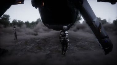 Fütürist bilim kurgu gemisi kanatlandı. Askeri robot. Apocalypse Şehri. Gerçekçi toz animasyonu.