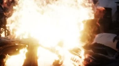 Mahvolmuş bir kıyamet şehrindeki askeri robot. Mahşer günü görüntüsü. Gerçekçi ateş simülasyonu. Kıyameti Sonrası.