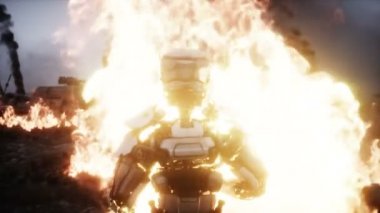 Mahvolmuş bir kıyamet şehrindeki askeri robot. Mahşer günü görüntüsü. Gerçekçi ateş simülasyonu. Kıyameti Sonrası.
