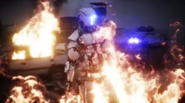Mahvolmuş bir kıyamet şehrindeki askeri robot. Mahşer günü görüntüsü. Gerçekçi ateş simülasyonu. Kıyameti Sonrası.