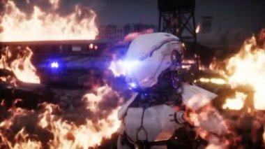 Mahvolmuş bir kıyamet şehrindeki askeri robot. Mahşer günü görüntüsü. Gerçekçi ateş simülasyonu. Kıyameti Sonrası.