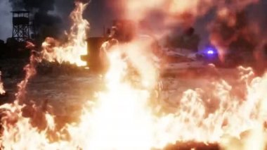 Mahvolmuş bir kıyamet şehrindeki askeri robot. Mahşer günü görüntüsü. Gerçekçi ateş simülasyonu. Kıyameti Sonrası.