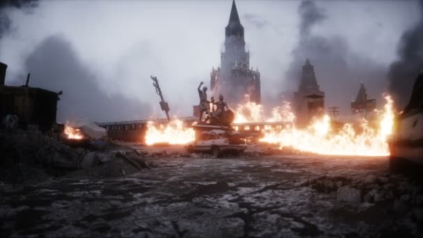 Rysk apokalyps. Förstörd stad i Moskva. Utsikt över Armageddon. Realistisk brandsimulering. 4K-animering. — Stockvideo